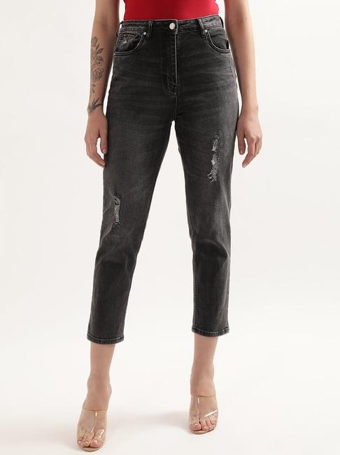 elle black distressed slim fit mid rise jeans