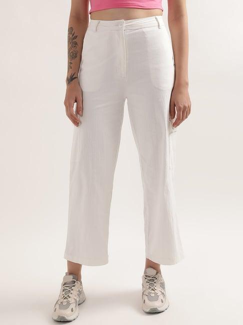 elle white cotton regular fit mid rise trousers