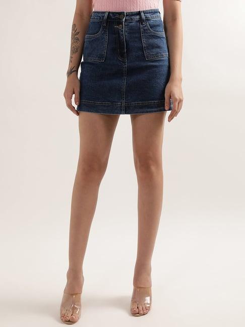 elle mid blue circular denim mini skirt