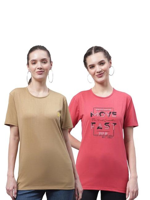 vimal jonney beige & coral cotton graphic print t-shirt (pack of 2)