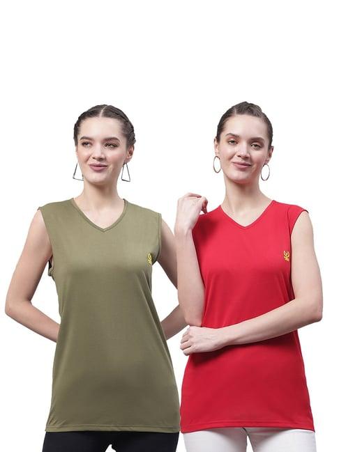 vimal jonney olive & red cotton logo print t-shirt (pack of 2)