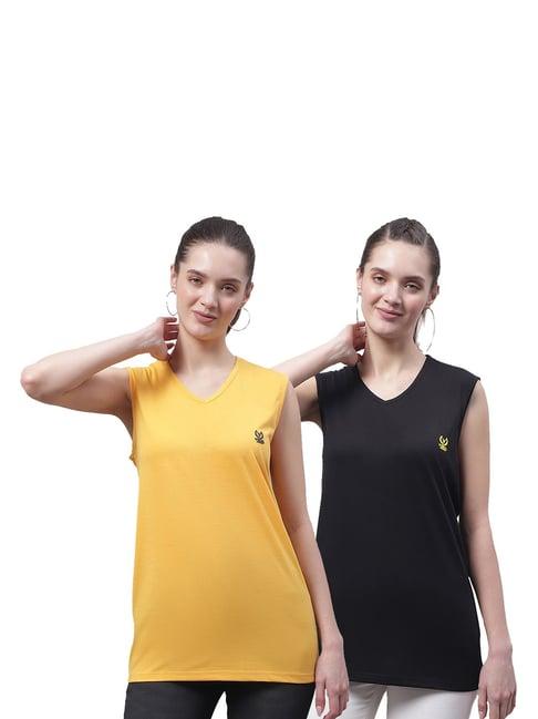 vimal jonney yellow & black cotton logo print t-shirt (pack of 2)