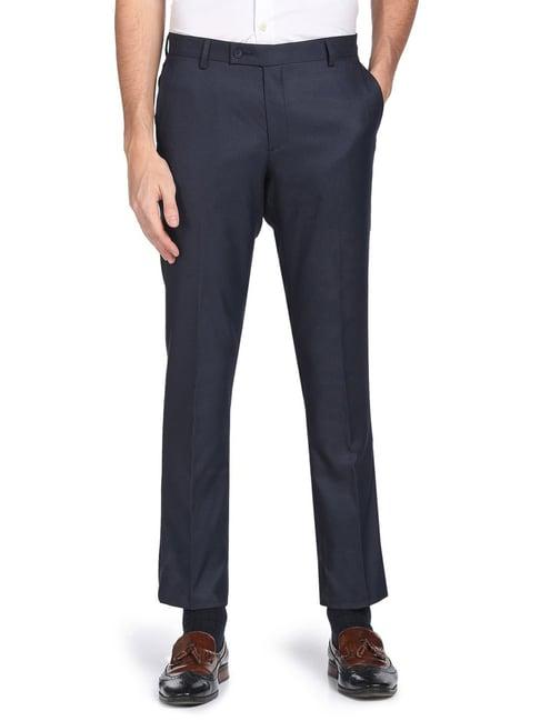 arrow navy blue regular fit texture trousers