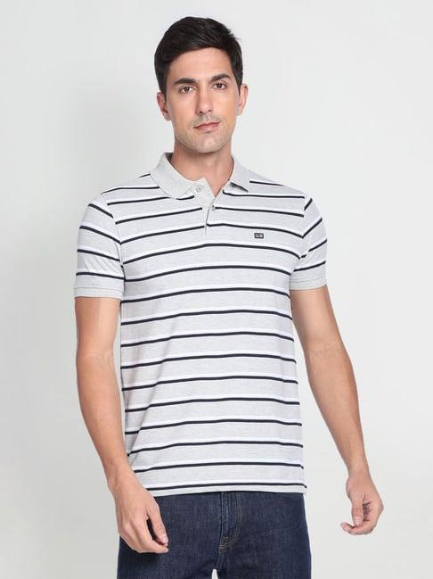 arrow sport grey cotton regular fit striped polo t-shirt