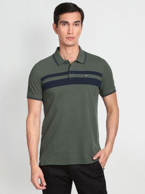 arrow sport green cotton regular fit colour block polo t-shirt