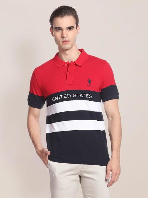 u.s. polo assn. red cotton regular fit striped polo t-shirt