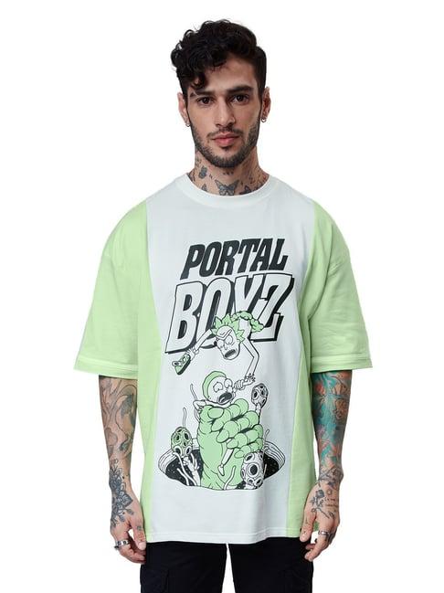 the souled store green & white relaxed fit graphic print oversized t-shirt