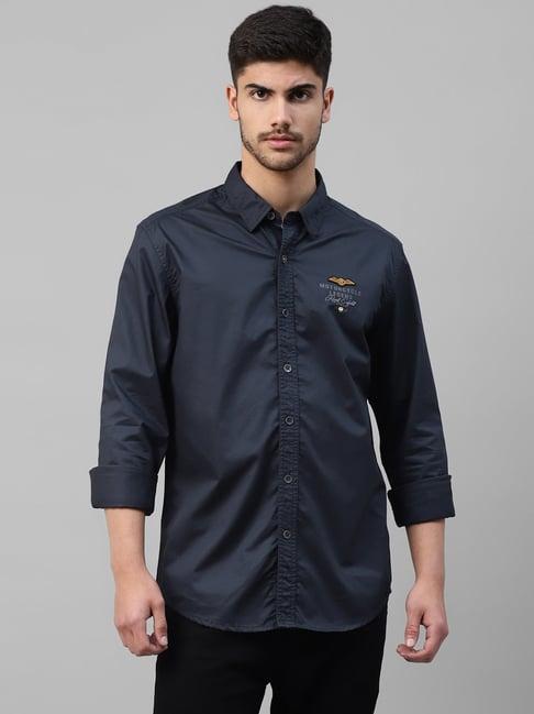 royal enfield mlg navy slim fit printed shirt