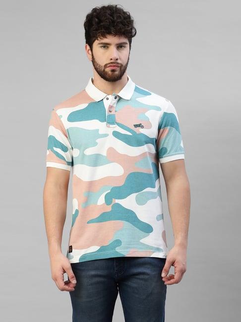 royal enfield blue regular fit spring camo print polo t-shirt