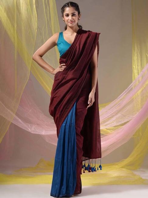 charukriti maroon cotton saree with unstitched blouse