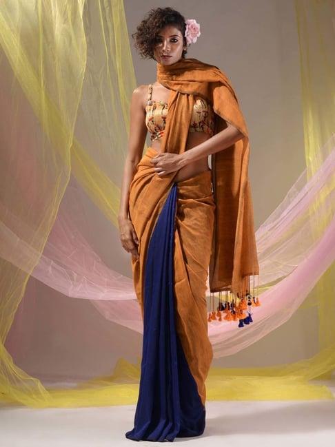 charukriti mustard & blue cotton saree with unstitched blouse