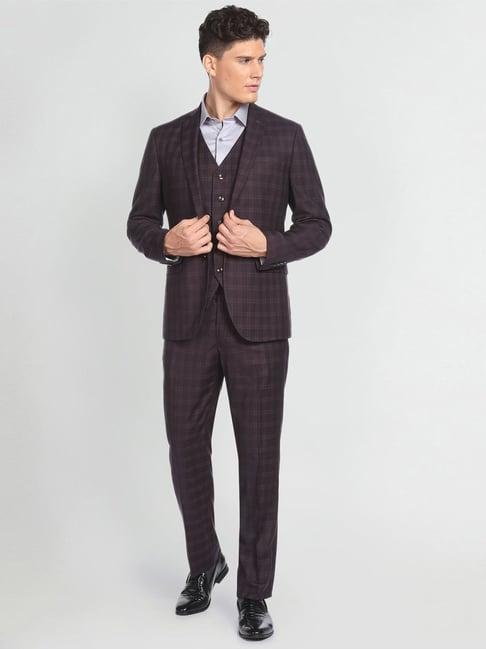 arrow purple regular fit checks three piece suits