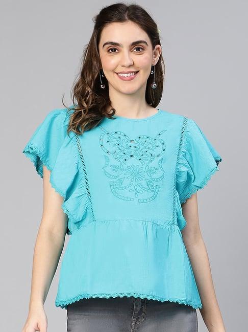 oxolloxo blue cotton embroidered top