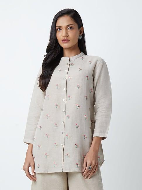 zuba by westside light beige floral-embroidered a-line kurti