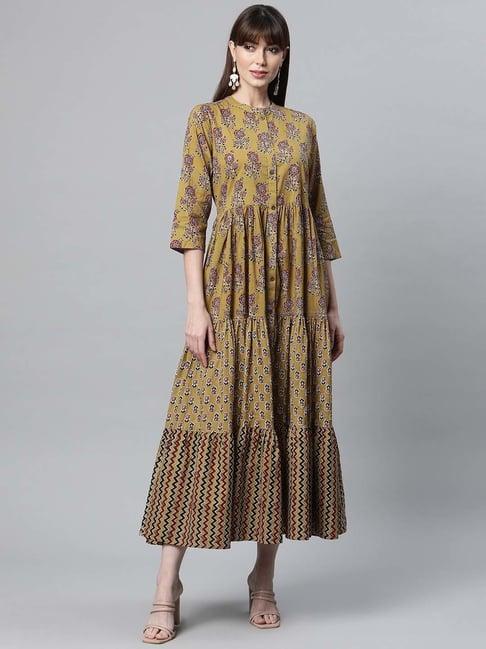 readiprint fashions olive green cotton floral print a-line dress