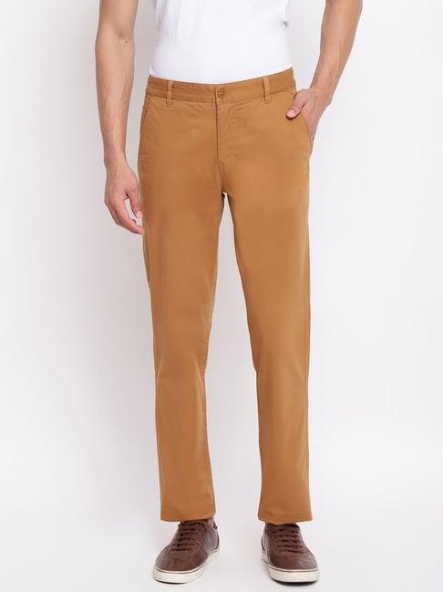 fabindia brown slim fit flat front trousers