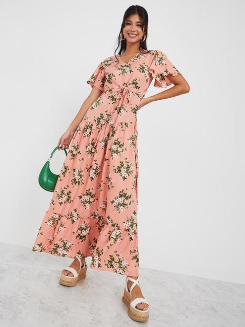 styli frill sleeve floral print tiered maxi dress with drawcord detail