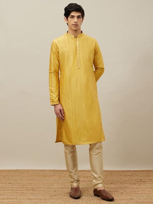 manyavar mustard & gold regular fit self design kurta & pyjamas set