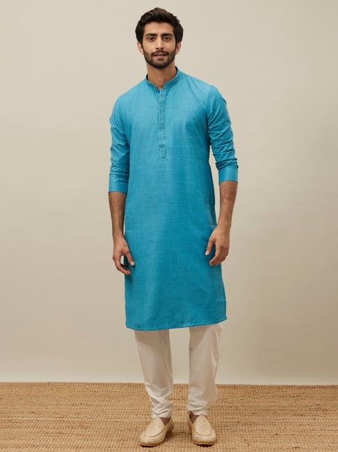 manyavar blue & cream regular fit kurta & pyjamas set