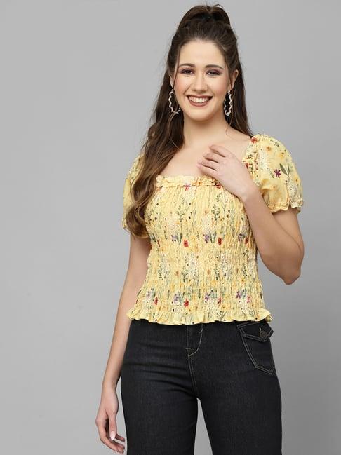 mafadeny yellow cotton floral print top