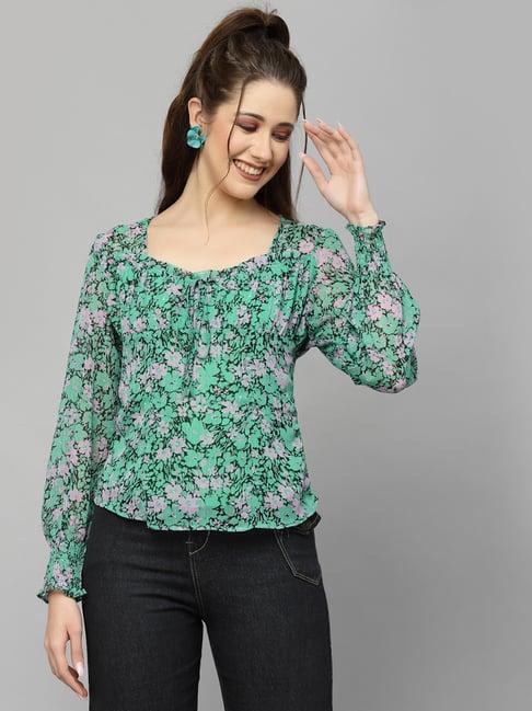 mafadeny green floral print top