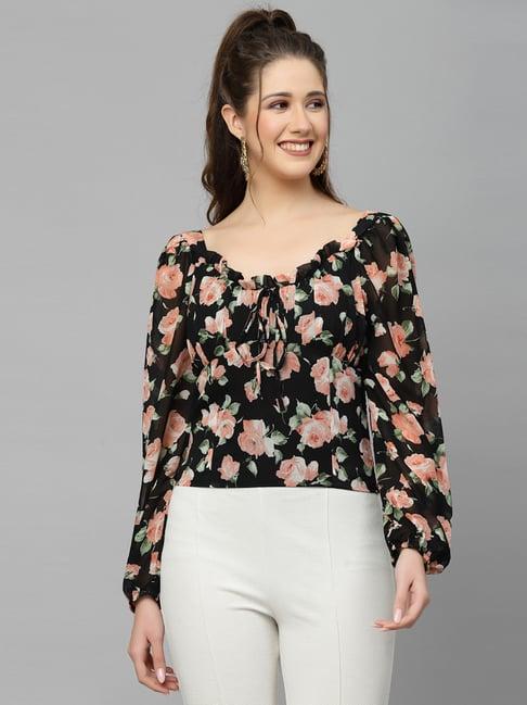 mafadeny black & peach floral print top