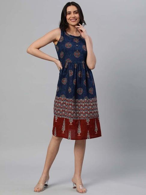 kami kubi blue cotton printed a-line dress