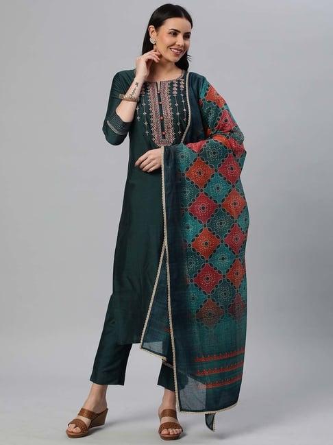 kami kubi teal green embroidered kurta pant set with dupatta