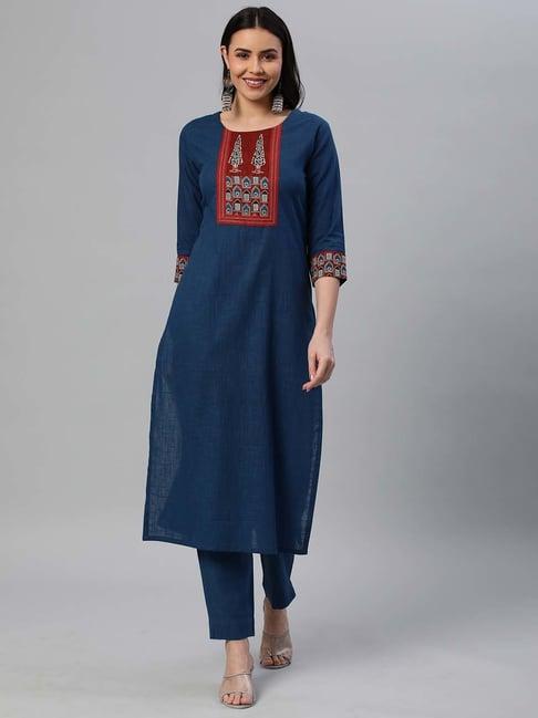 kami kubi blue cotton printed straight kurta