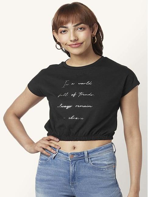 honey by pantaloons black cotton graphic print crop top