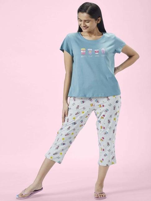 dreamz by pantaloons blue white cotton printed t-shirt capris set