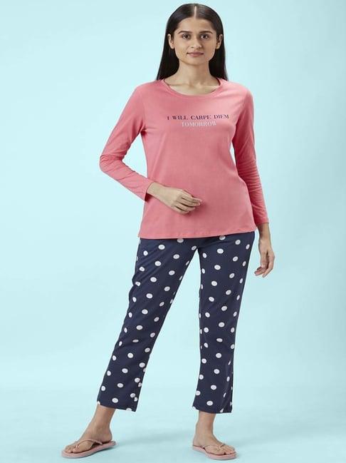 dreamz by pantaloons pink navy cotton printed t-shirt pyjama set