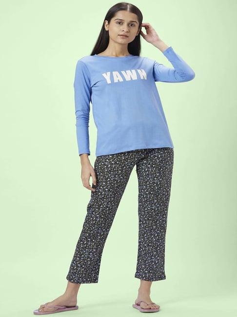 dreamz by pantaloons blue black cotton printed t-shirt pyjama set