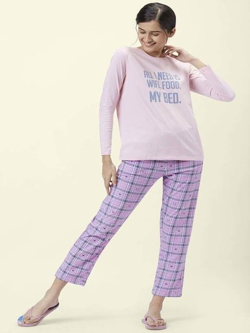 dreamz by pantaloons pink purple cotton printed t-shirt pyjama set