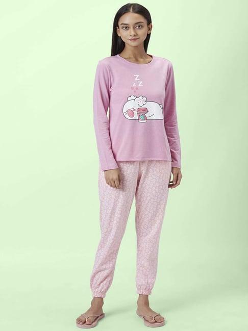 dreamz by pantaloons pink cotton printed t-shirt pyjama set