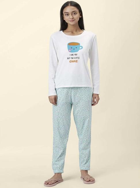 dreamz by pantaloons white blue cotton printed t-shirt pyjama set