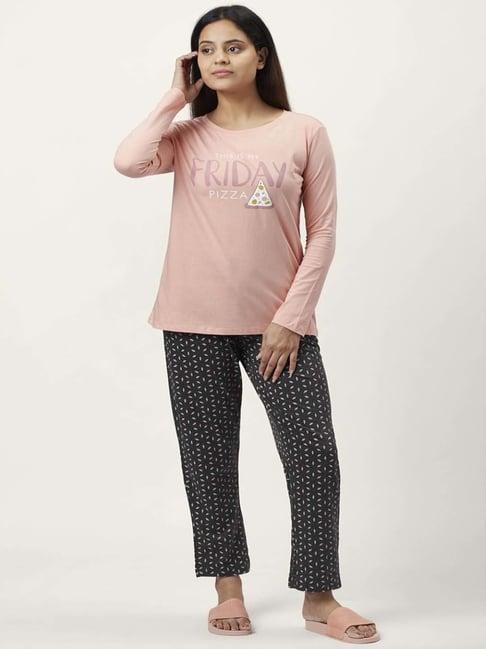 dreamz by pantaloons peach black cotton printed t-shirt pyjama set