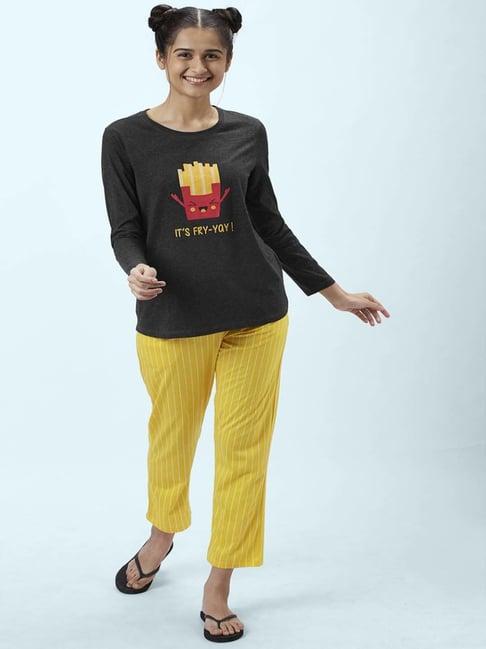 dreamz by pantaloons black yellow cotton printed t-shirt pyjama set