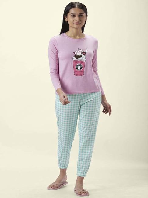 dreamz by pantaloons purple blue cotton printed t-shirt pyjama set