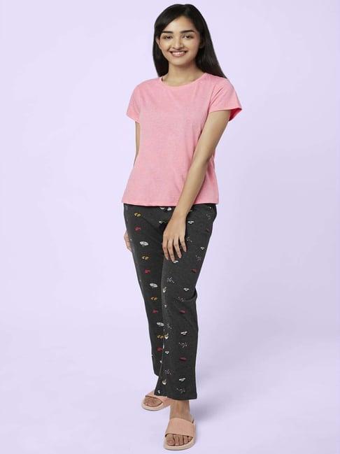 yu by pantaloons pink black cotton printed top pyjama set