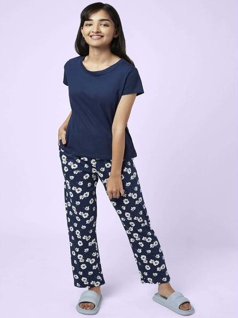 yu by pantaloons navy cotton floral print top pyjama set