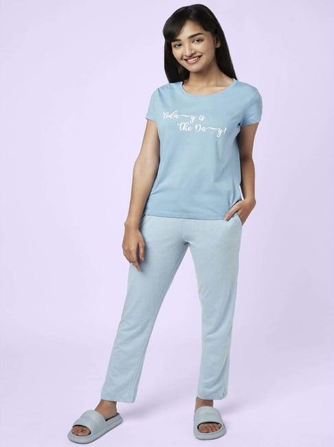 yu by pantaloons blue cotton printed top pyjama set