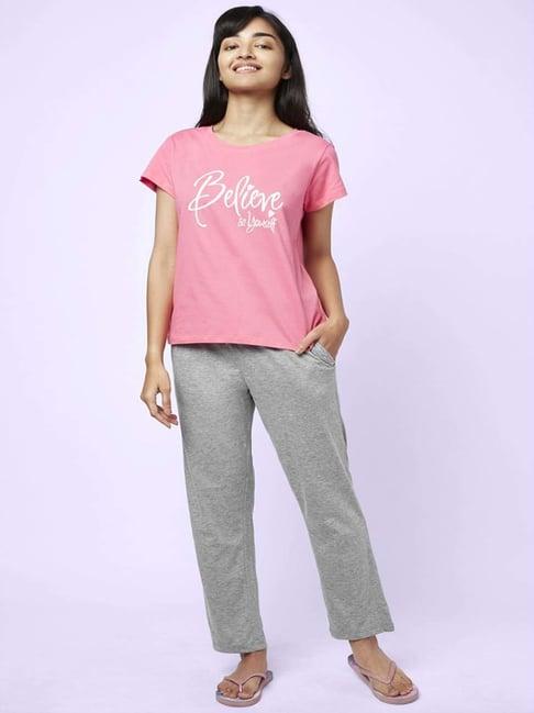 yu by pantaloons pink grey cotton graphic print top pyjama set