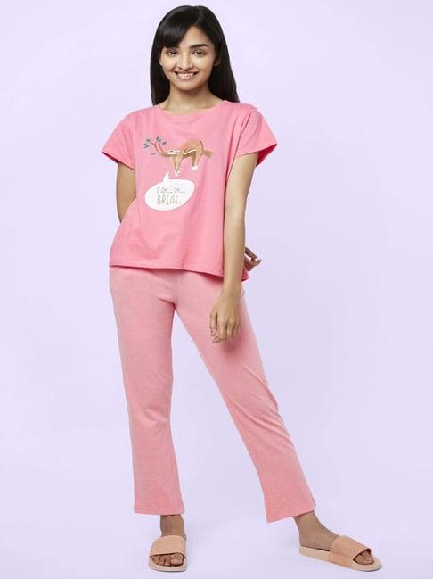 yu by pantaloons pink cotton graphic print top pyjama set