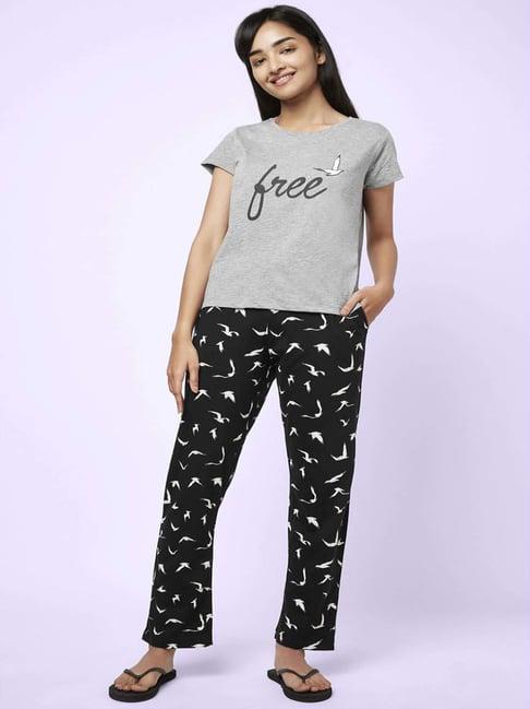 yu by pantaloons grey black cotton printed top pyjama set