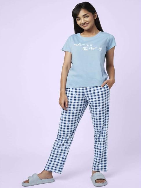 yu by pantaloons blue cotton printed top pyjama set