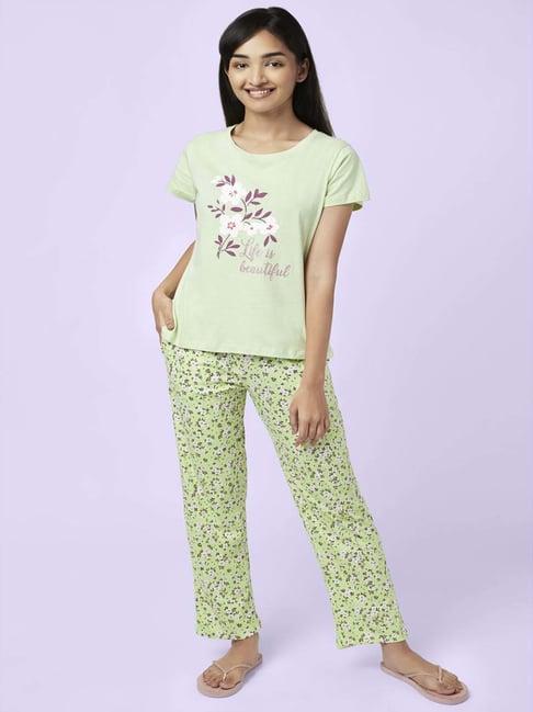 yu by pantaloons green cotton floral print top pyjama set