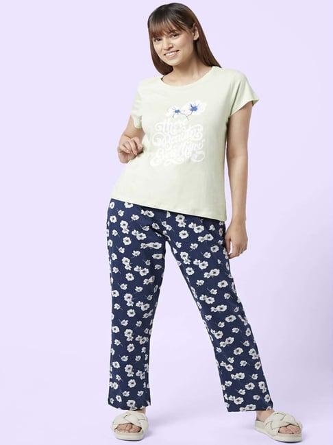 yu by pantaloons green navy cotton printed top pyjama set