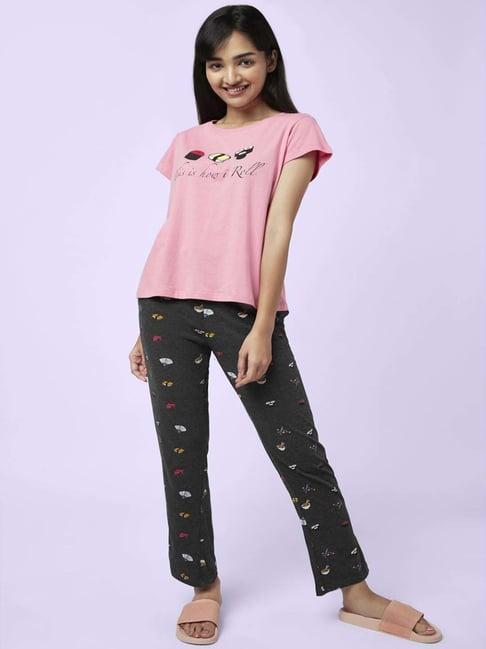 yu by pantaloons pink black cotton printed top pyjama set