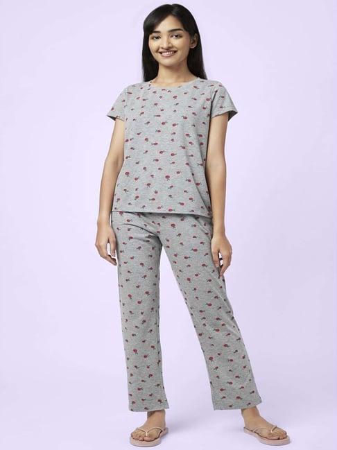 yu by pantaloons grey cotton floral print top pyjama set